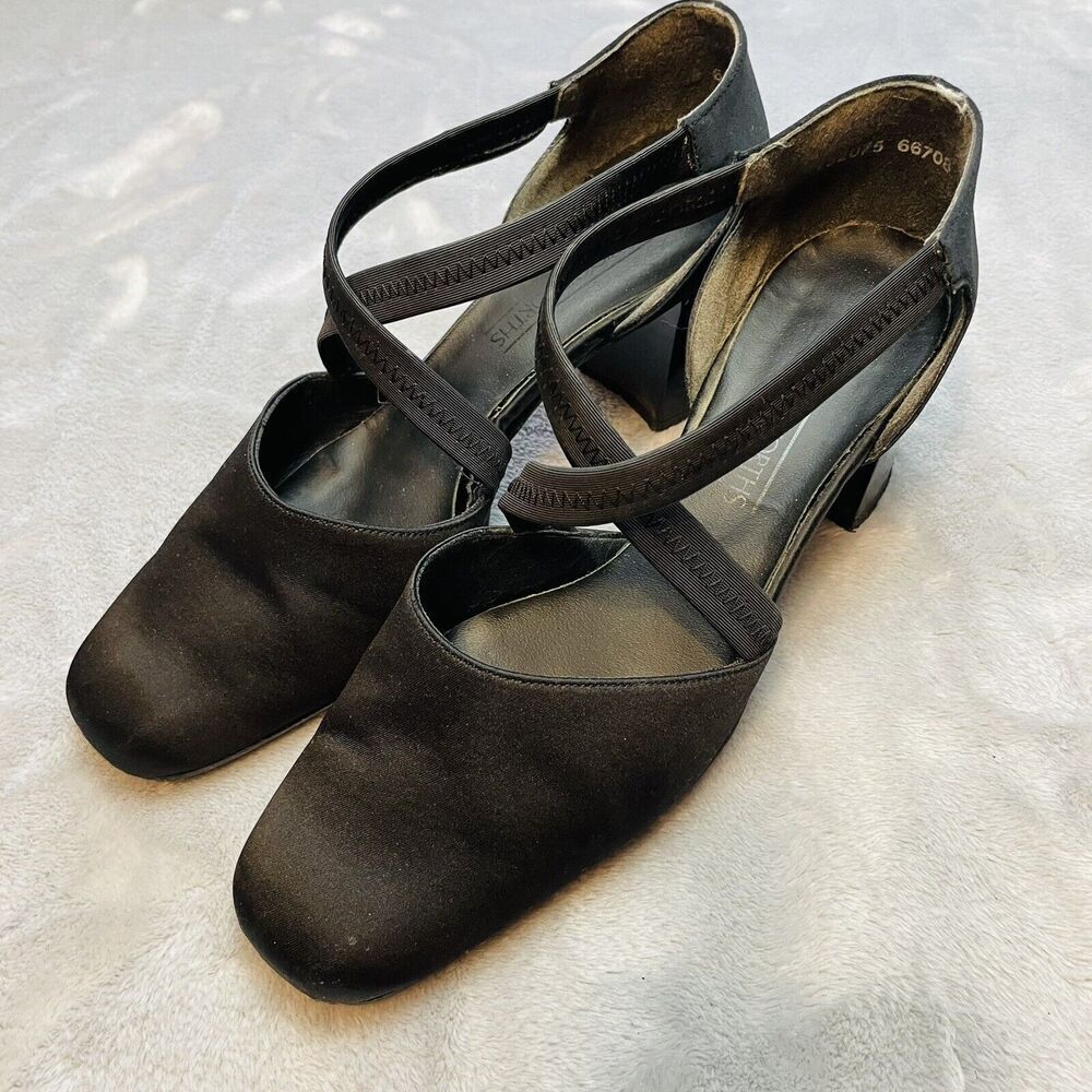 Vintage 90s Woolworths Womens Ballet Heels Sz 6.5 Black Satin Square Toe Strappy